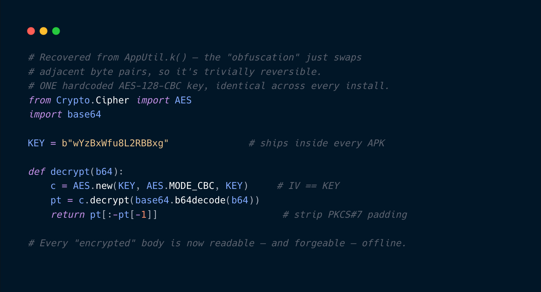 The recovered static AES key and decrypt helper
