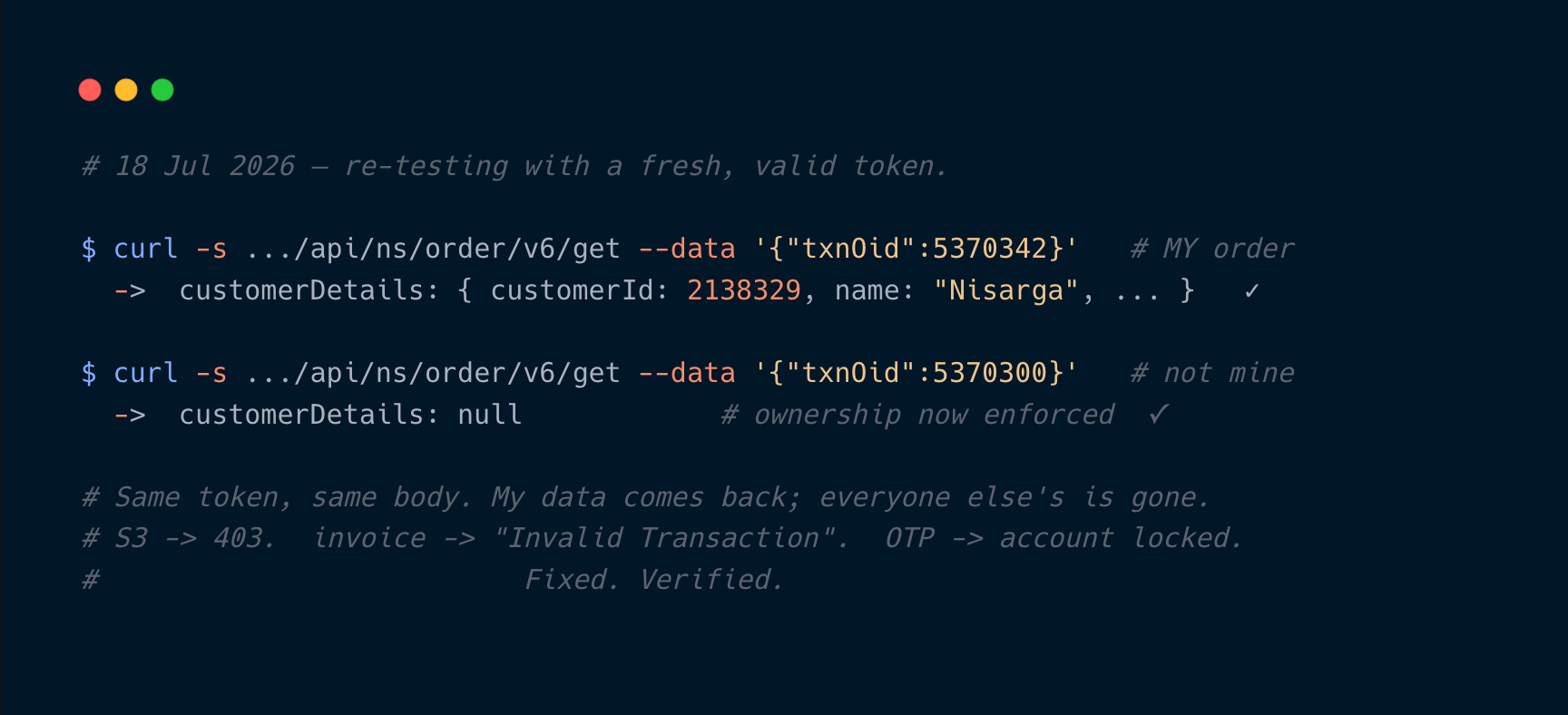 Re-verification: the BOLA endpoint now enforces ownership