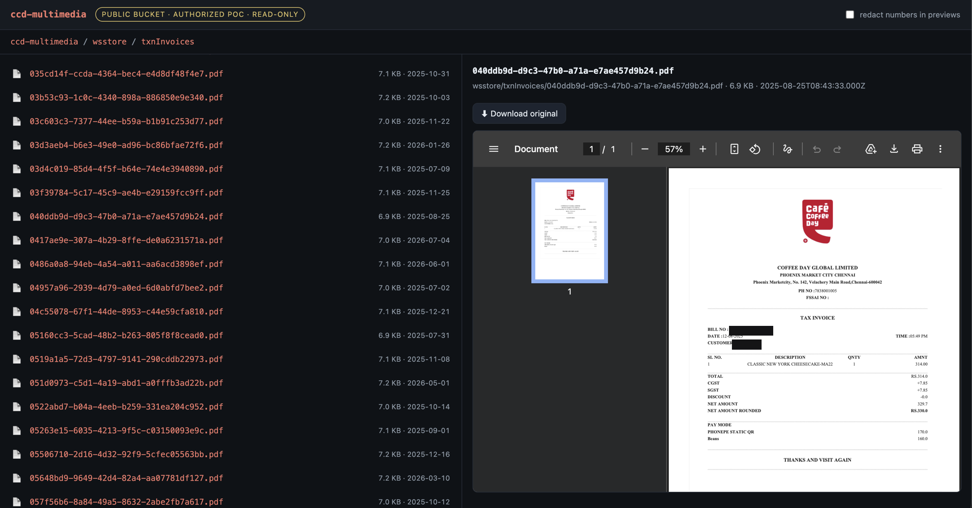 A tax invoice pulled anonymously from the public bucket, customer name redacted